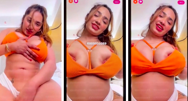 ADITI MISTRY Latest Orange Bikini Squeezing her Big Boobs like never before with Full Face On LIVE